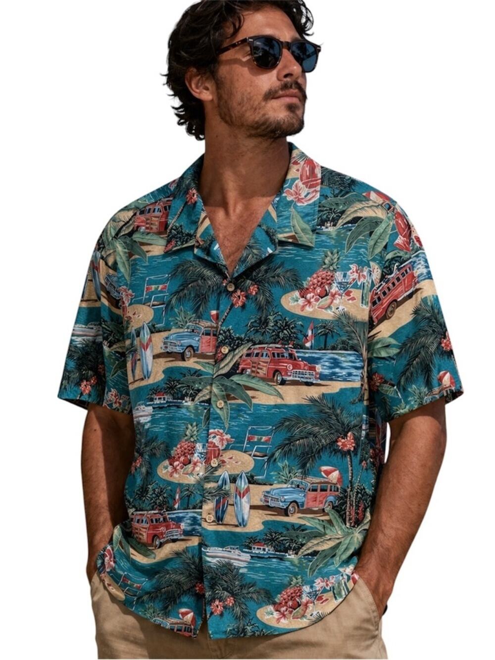 Vintage RJC Men’s Teal Hawaiian Tropical Print Shirt, Surf, Hang 10, 3XL